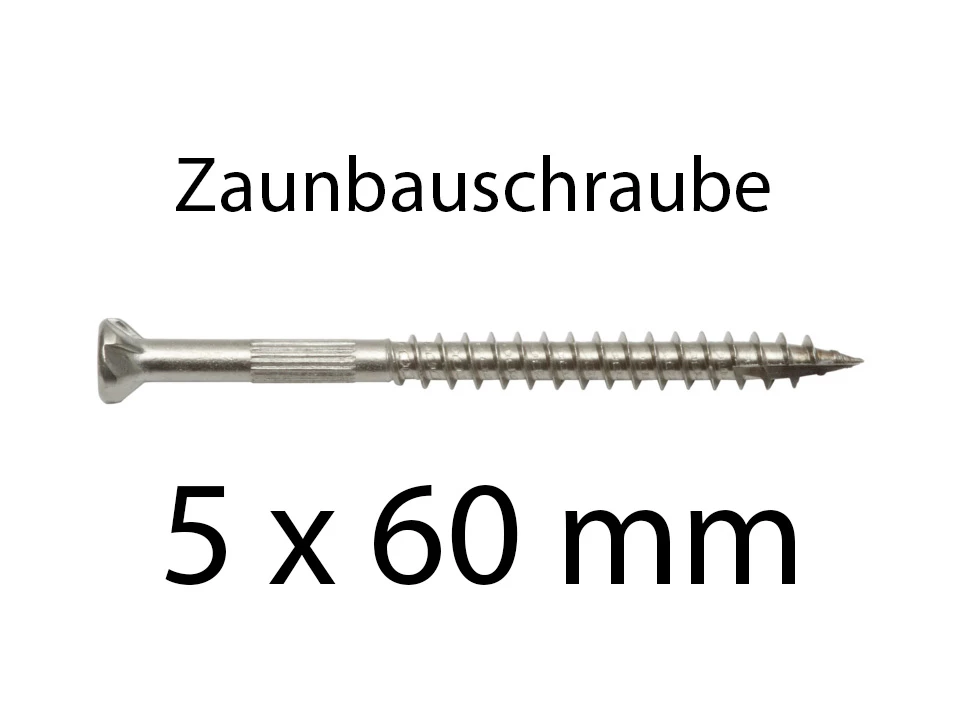 <p><strong>Zaunbauschrauben 5 x 60 mm Niro</strong></p><p>Edelstahl A2, TX20, 100 Stück</p>